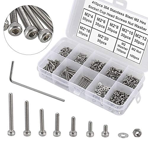 HanTof 410Pcs M2 x 4mm/6mm/8mm/10mm/12mm/16mm/20mm Hex Button Head Socket Bolts Screws Nuts Flat Washers Assortment Kit with Hex Wrench,M2 Machine Screws,304 Stainless Steel 
